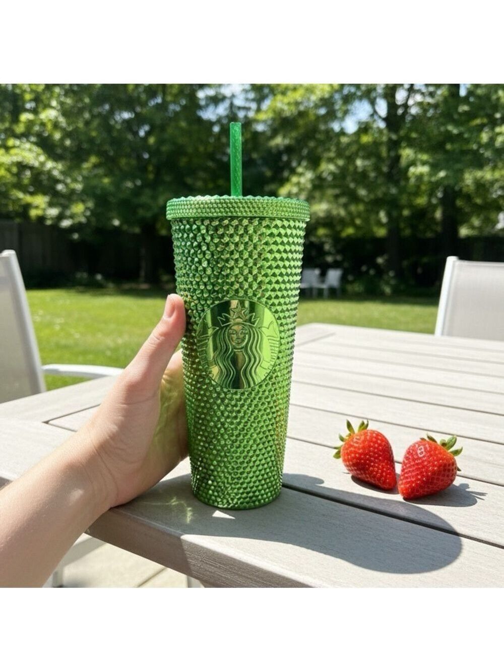 NEW Starbucks Crystal Cut 24 oz Cold Drink Tumbler Green with Straw NWT